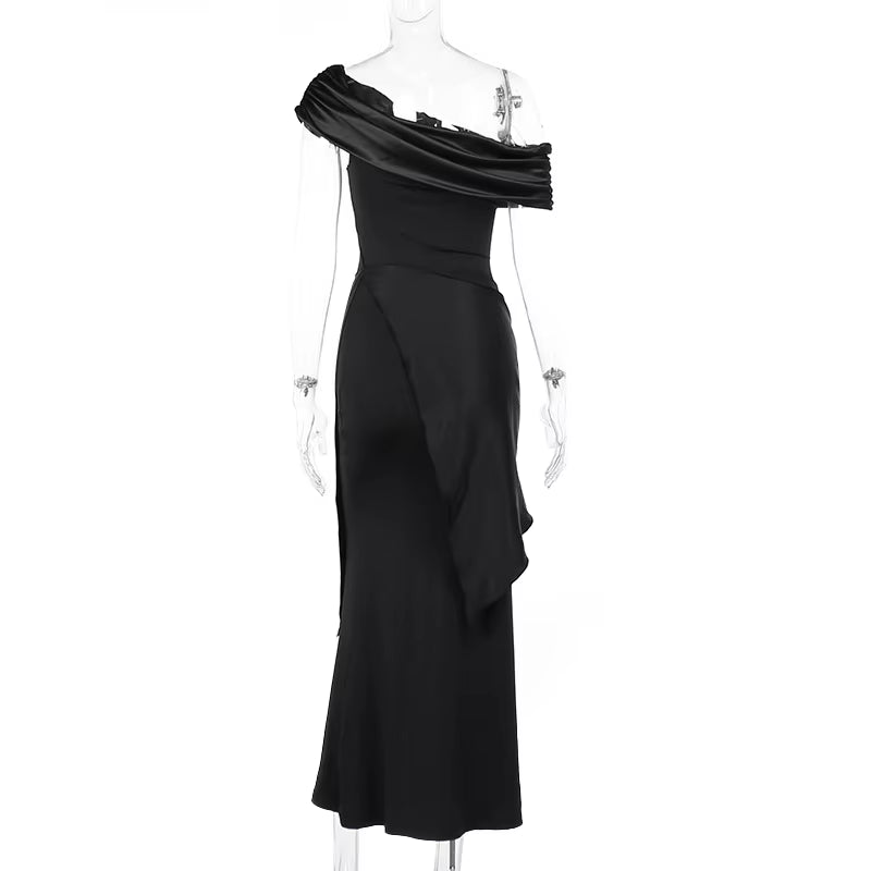 Elegant Black Maxi Dress with Slash Neck - Stylish Short Sleeve Bodycon Evening Gown for Women