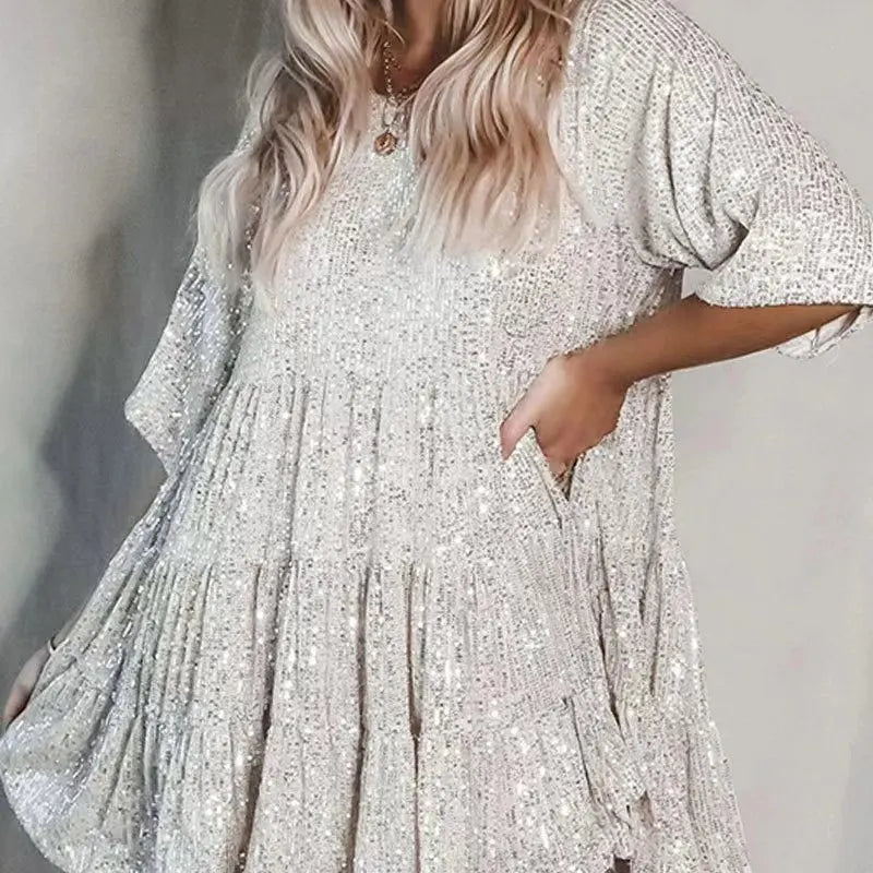 Fashion Casual Solid Sequin Dress for Women Elegant round Neck Half Sleeve Big Hem a Line Dresses 2024 Summer New Lady Party