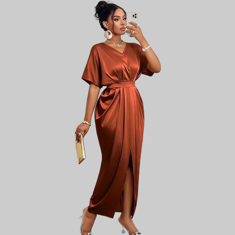 Chic 2025 Women's Satin V-Neck Midi Dress with Wrap Skirt and Slit - Perfect for Night Out
