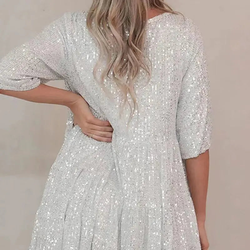 Fashion Casual Solid Sequin Dress for Women Elegant round Neck Half Sleeve Big Hem a Line Dresses 2024 Summer New Lady Party