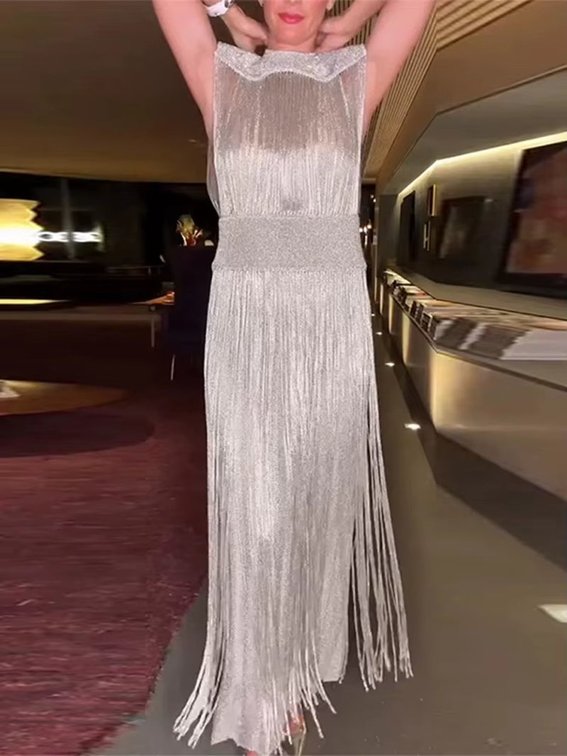 Sexy Sequin Tassel Evening Dresses Women Vintage Solid Sleeveless O-Neck Slim High Waist Long Dress Lady 2025 Chic Party Vestido