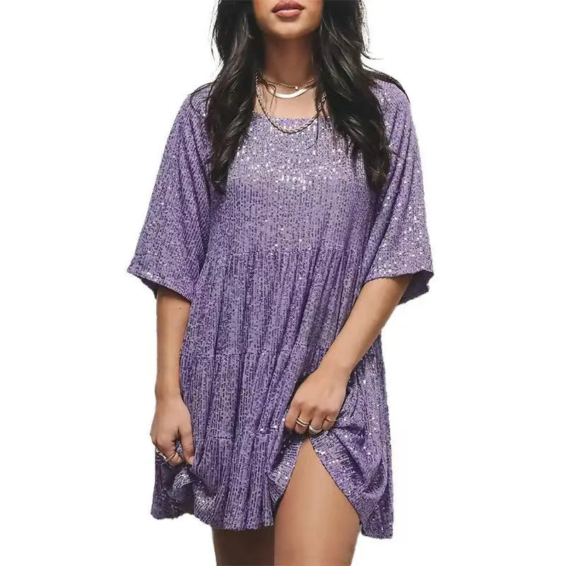 Fashion Casual Solid Sequin Dress for Women Elegant round Neck Half Sleeve Big Hem a Line Dresses 2024 Summer New Lady Party