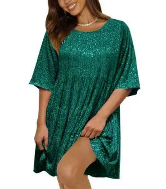 Fashion Casual Solid Sequin Dress for Women Elegant round Neck Half Sleeve Big Hem a Line Dresses 2024 Summer New Lady Party