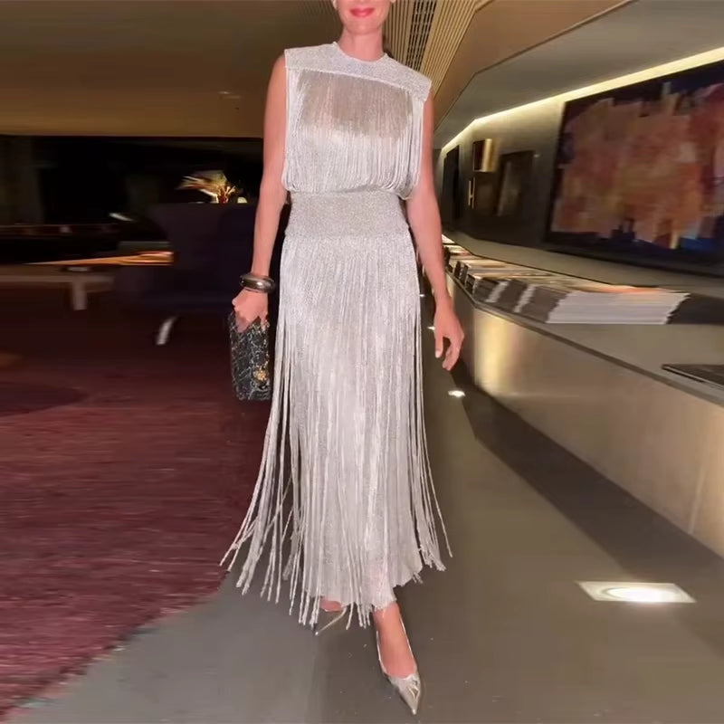 Sexy Sequin Tassel Evening Dresses Women Vintage Solid Sleeveless O-Neck Slim High Waist Long Dress Lady 2025 Chic Party Vestido