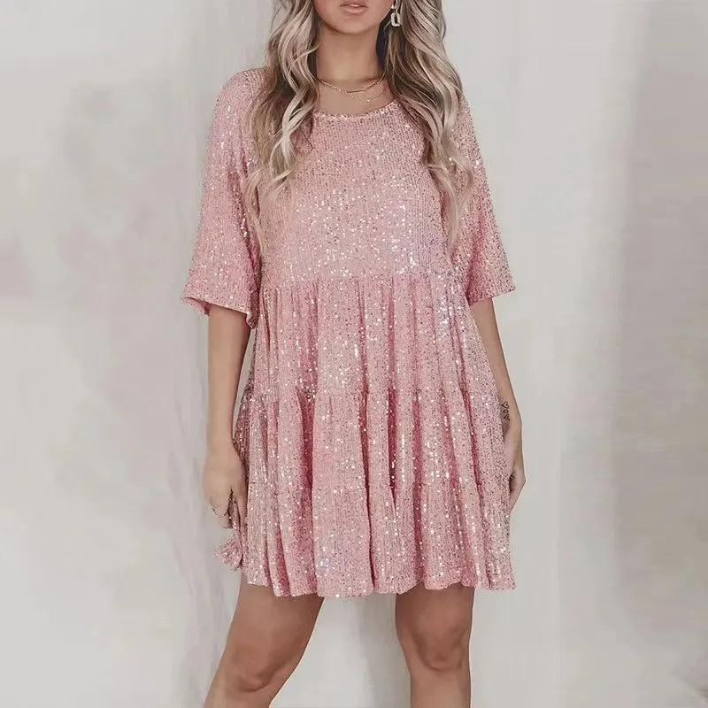 Fashion Casual Solid Sequin Dress for Women Elegant round Neck Half Sleeve Big Hem a Line Dresses 2024 Summer New Lady Party