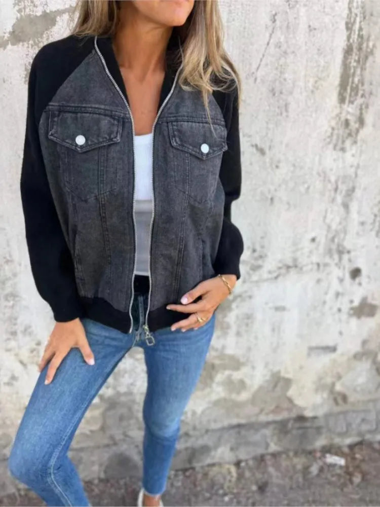 Autumn Winter New Denim Patchwork Jacket Coat for Women'S Casual Fashion Shoulder Rubbing Long Sleeve V Neck Denim Jacket Female