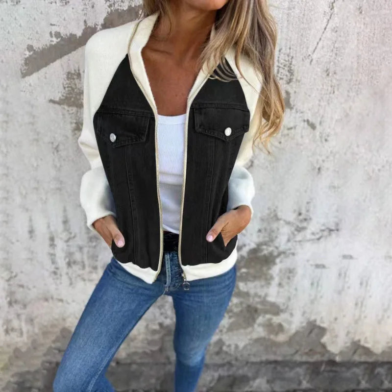 Autumn Winter New Denim Patchwork Jacket Coat for Women'S Casual Fashion Shoulder Rubbing Long Sleeve V Neck Denim Jacket Female