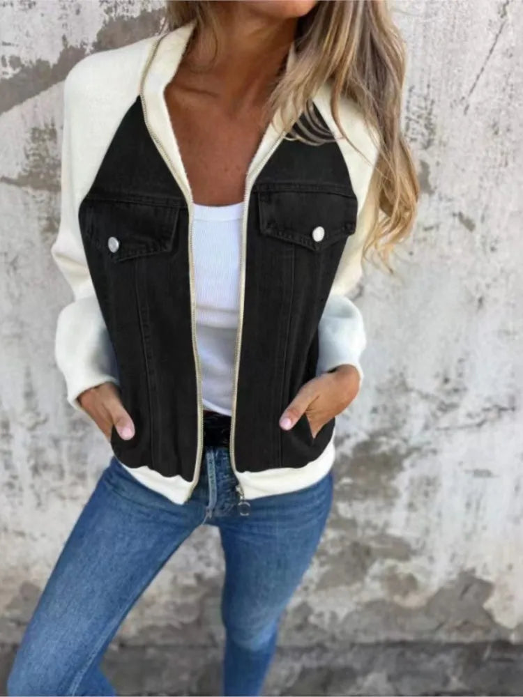 Autumn Winter New Denim Patchwork Jacket Coat for Women'S Casual Fashion Shoulder Rubbing Long Sleeve V Neck Denim Jacket Female