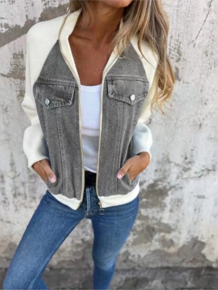 Autumn Winter New Denim Patchwork Jacket Coat for Women'S Casual Fashion Shoulder Rubbing Long Sleeve V Neck Denim Jacket Female