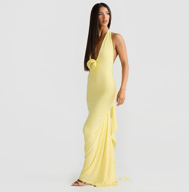 Elegant Floral-Applique Halter Backless Maxi Dress - Long Summer Party Dress for Women 2024