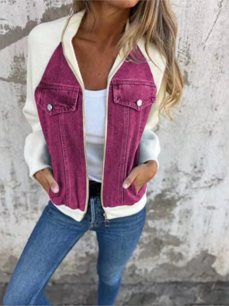 Autumn Winter New Denim Patchwork Jacket Coat for Women'S Casual Fashion Shoulder Rubbing Long Sleeve V Neck Denim Jacket Female