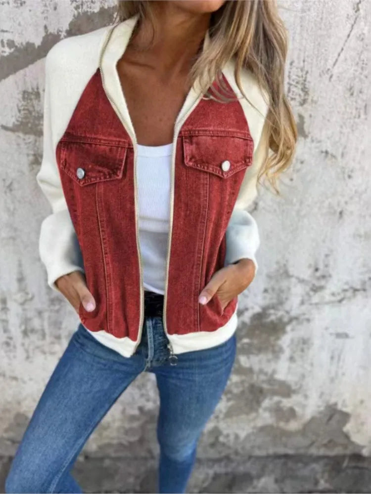 Autumn Winter New Denim Patchwork Jacket Coat for Women'S Casual Fashion Shoulder Rubbing Long Sleeve V Neck Denim Jacket Female