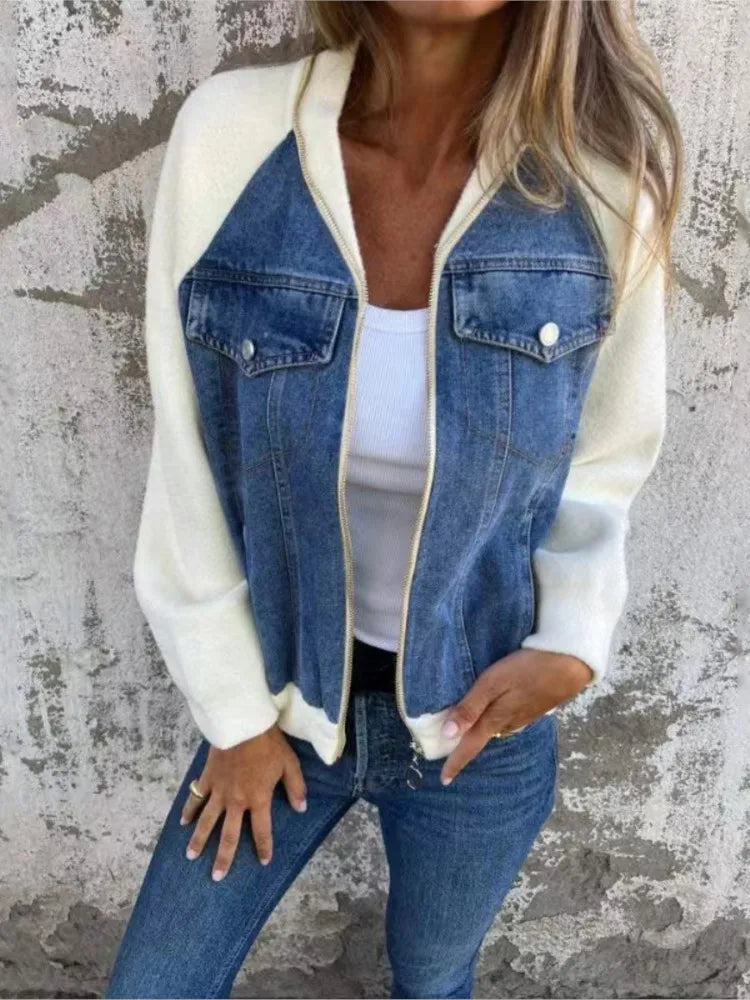 Autumn Winter New Denim Patchwork Jacket Coat for Women'S Casual Fashion Shoulder Rubbing Long Sleeve V Neck Denim Jacket Female