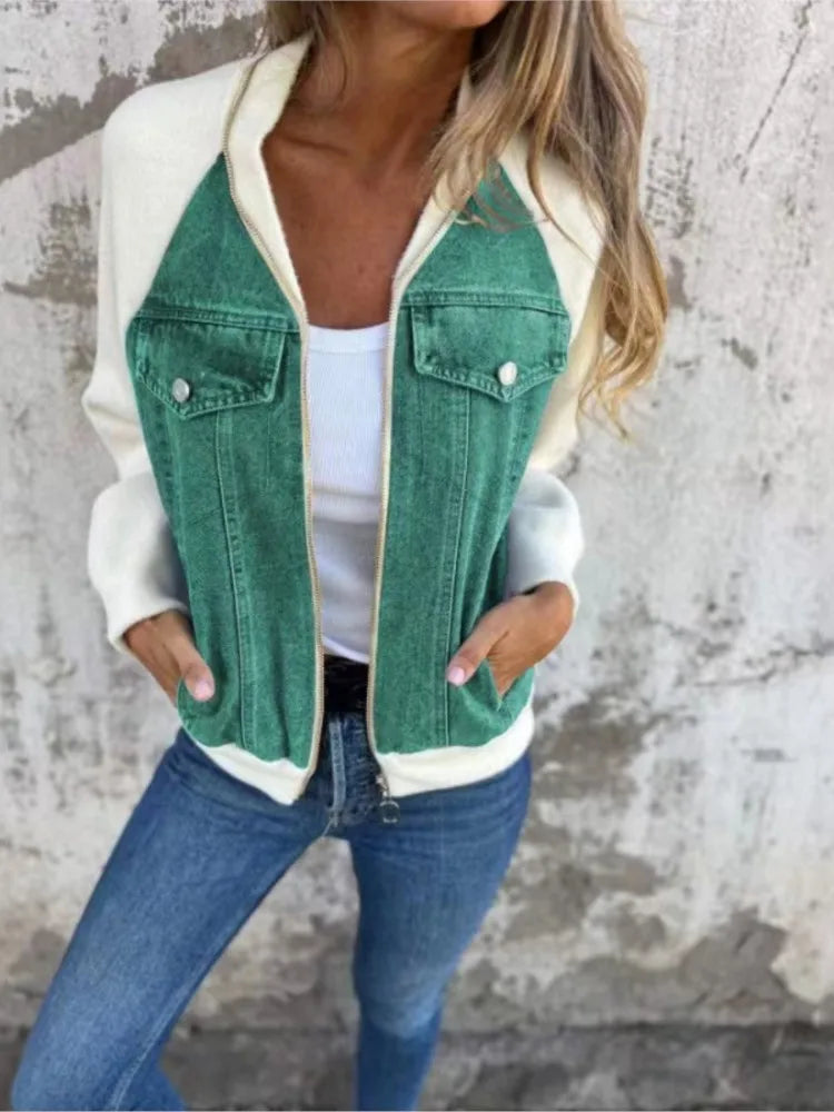 Autumn Winter New Denim Patchwork Jacket Coat for Women'S Casual Fashion Shoulder Rubbing Long Sleeve V Neck Denim Jacket Female