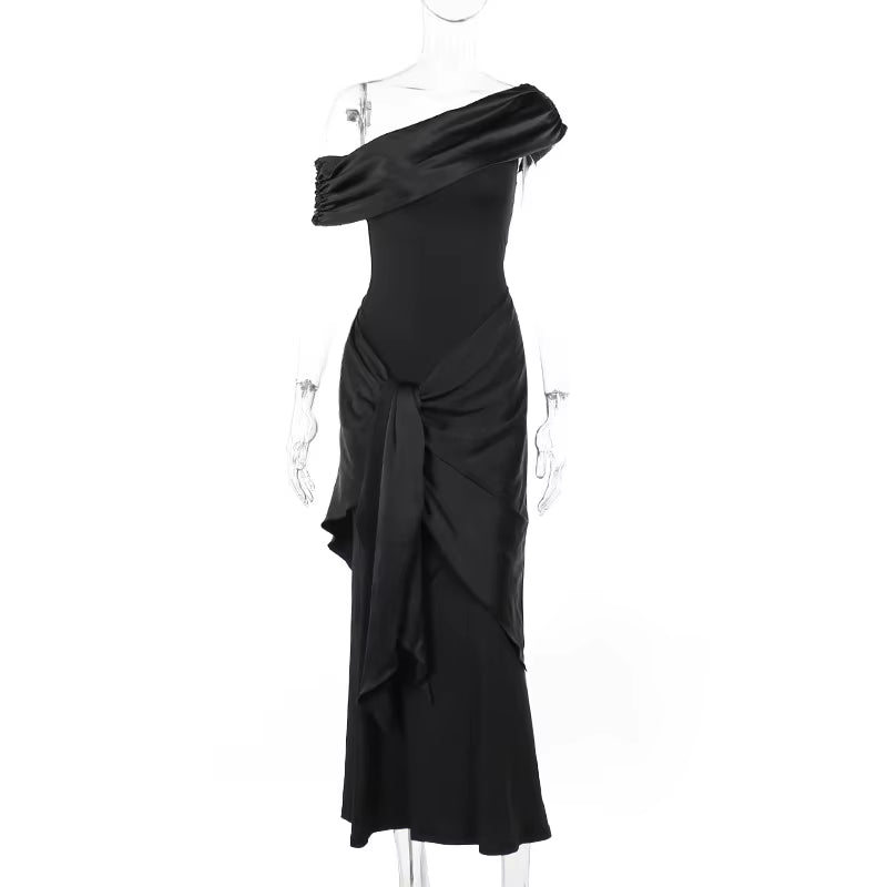 Elegant Black Maxi Dress with Slash Neck - Stylish Short Sleeve Bodycon Evening Gown for Women