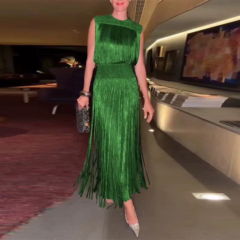 Sexy Sequin Tassel Evening Dresses Women Vintage Solid Sleeveless O-Neck Slim High Waist Long Dress Lady 2025 Chic Party Vestido