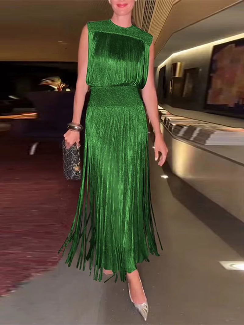 Sexy Sequin Tassel Evening Dresses Women Vintage Solid Sleeveless O-Neck Slim High Waist Long Dress Lady 2025 Chic Party Vestido