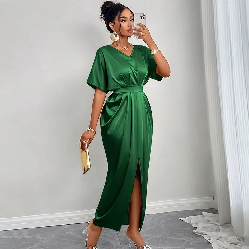 Chic 2025 Women's Satin V-Neck Midi Dress with Wrap Skirt and Slit - Perfect for Night Out