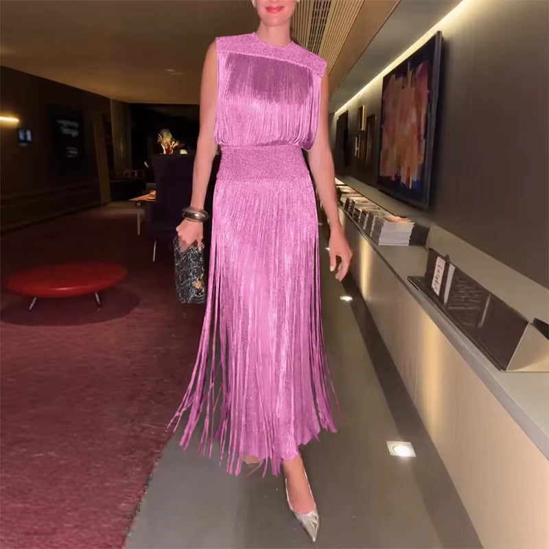 Sexy Sequin Tassel Evening Dresses Women Vintage Solid Sleeveless O-Neck Slim High Waist Long Dress Lady 2025 Chic Party Vestido