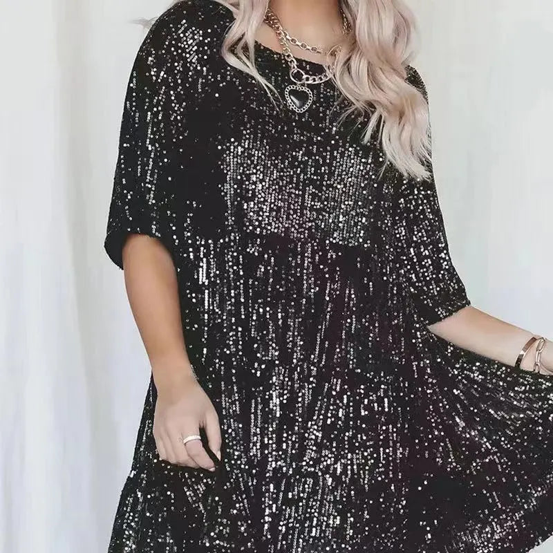 Fashion Casual Solid Sequin Dress for Women Elegant round Neck Half Sleeve Big Hem a Line Dresses 2024 Summer New Lady Party
