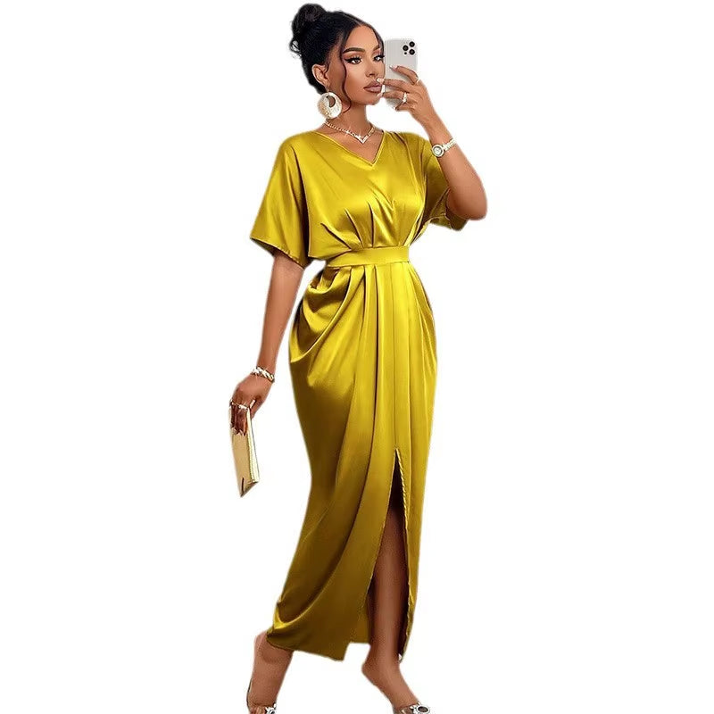 Chic 2025 Women's Satin V-Neck Midi Dress with Wrap Skirt and Slit - Perfect for Night Out