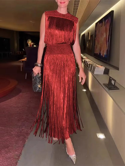 Sexy Sequin Tassel Evening Dresses Women Vintage Solid Sleeveless O-Neck Slim High Waist Long Dress Lady 2025 Chic Party Vestido