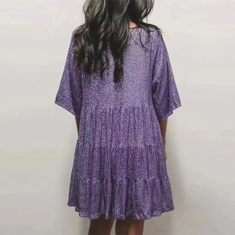 Fashion Casual Solid Sequin Dress for Women Elegant round Neck Half Sleeve Big Hem a Line Dresses 2024 Summer New Lady Party