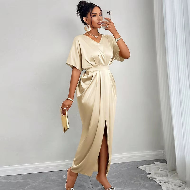 Chic 2025 Women's Satin V-Neck Midi Dress with Wrap Skirt and Slit - Perfect for Night Out