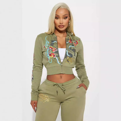 Chic 2025 Women's 2-Piece Zip Hooded Crop Top & Graphic Jogger Set