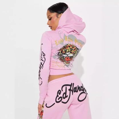 Chic 2025 Women's 2-Piece Zip Hooded Crop Top & Graphic Jogger Set