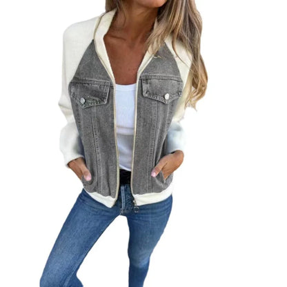 Autumn Winter New Denim Patchwork Jacket Coat for Women'S Casual Fashion Shoulder Rubbing Long Sleeve V Neck Denim Jacket Female