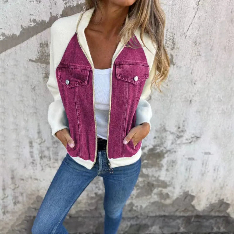 Autumn Winter New Denim Patchwork Jacket Coat for Women'S Casual Fashion Shoulder Rubbing Long Sleeve V Neck Denim Jacket Female