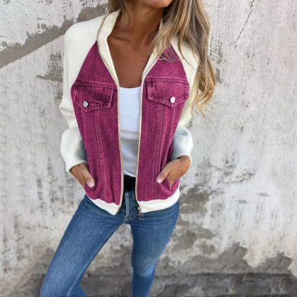 Autumn Winter New Denim Patchwork Jacket Coat for Women'S Casual Fashion Shoulder Rubbing Long Sleeve V Neck Denim Jacket Female
