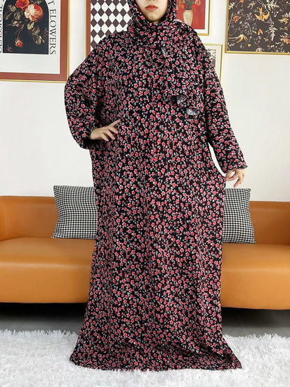 2025 Muslim Women Hooded Abaya Turkey-African Cotton Prayer Garment Kaftan With Hijab Floral Prints Dubai Saudi Robe In Ramadan