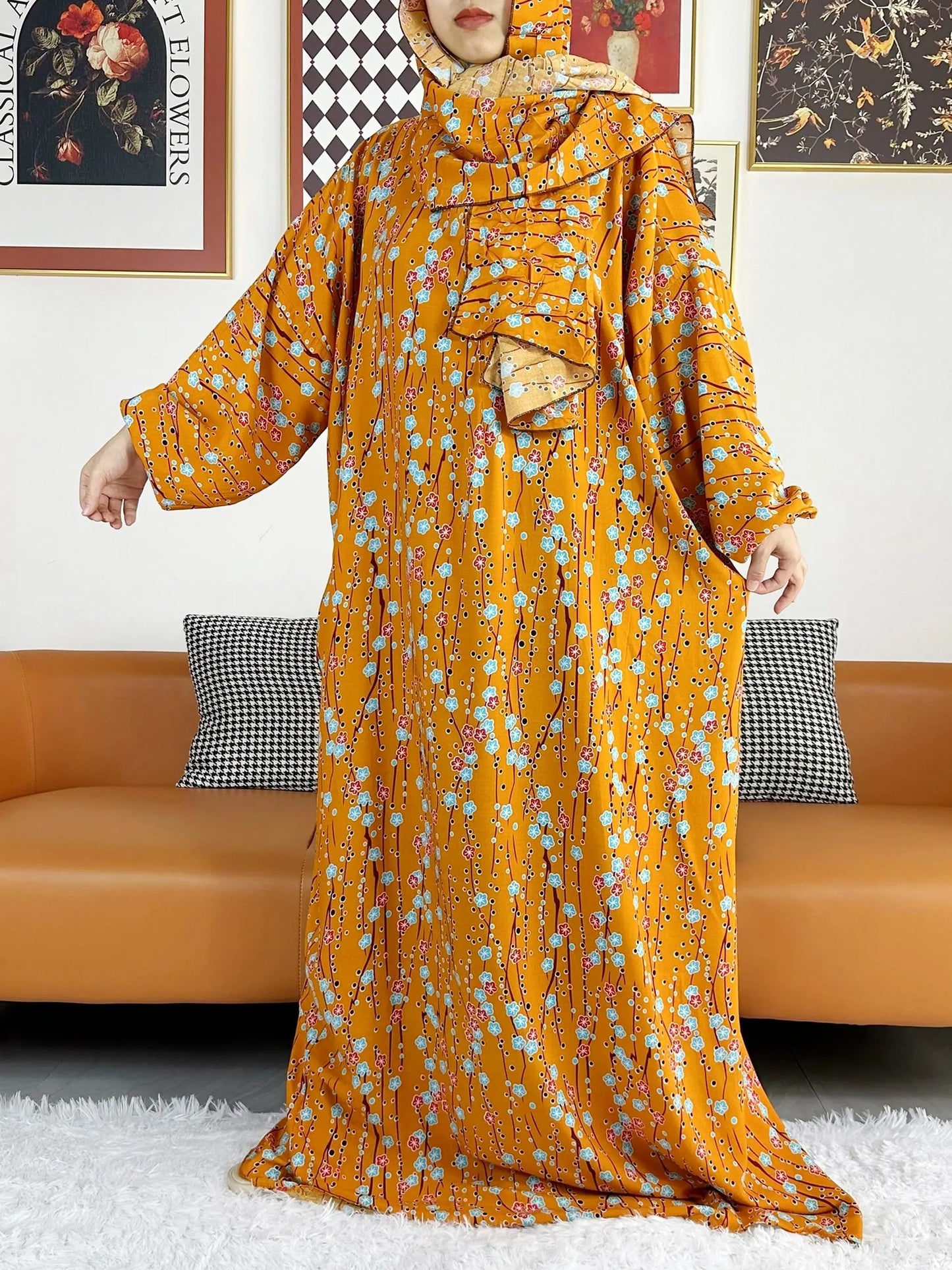 2025 Muslim Women Hooded Abaya Turkey-African Cotton Prayer Garment Kaftan With Hijab Floral Prints Dubai Saudi Robe In Ramadan