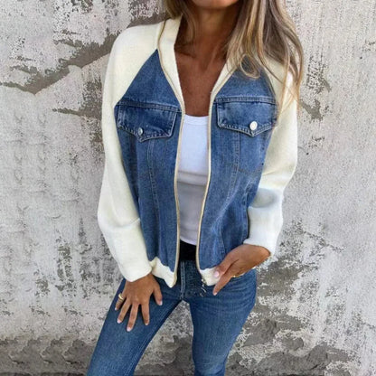 Autumn Winter New Denim Patchwork Jacket Coat for Women'S Casual Fashion Shoulder Rubbing Long Sleeve V Neck Denim Jacket Female