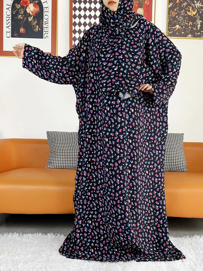 2025 Muslim Women Hooded Abaya Turkey-African Cotton Prayer Garment Kaftan With Hijab Floral Prints Dubai Saudi Robe In Ramadan