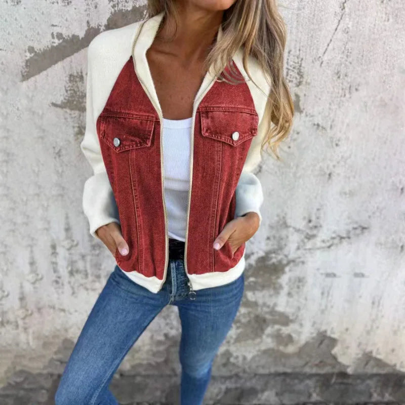 Autumn Winter New Denim Patchwork Jacket Coat for Women'S Casual Fashion Shoulder Rubbing Long Sleeve V Neck Denim Jacket Female