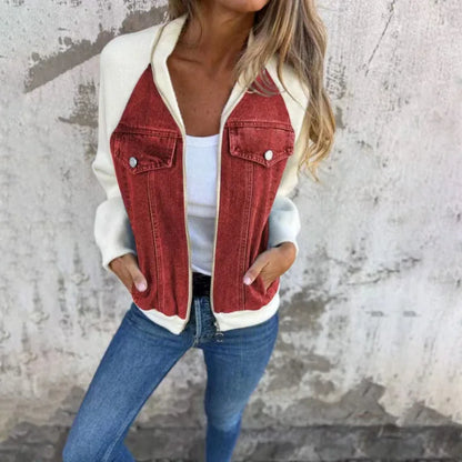 Autumn Winter New Denim Patchwork Jacket Coat for Women'S Casual Fashion Shoulder Rubbing Long Sleeve V Neck Denim Jacket Female