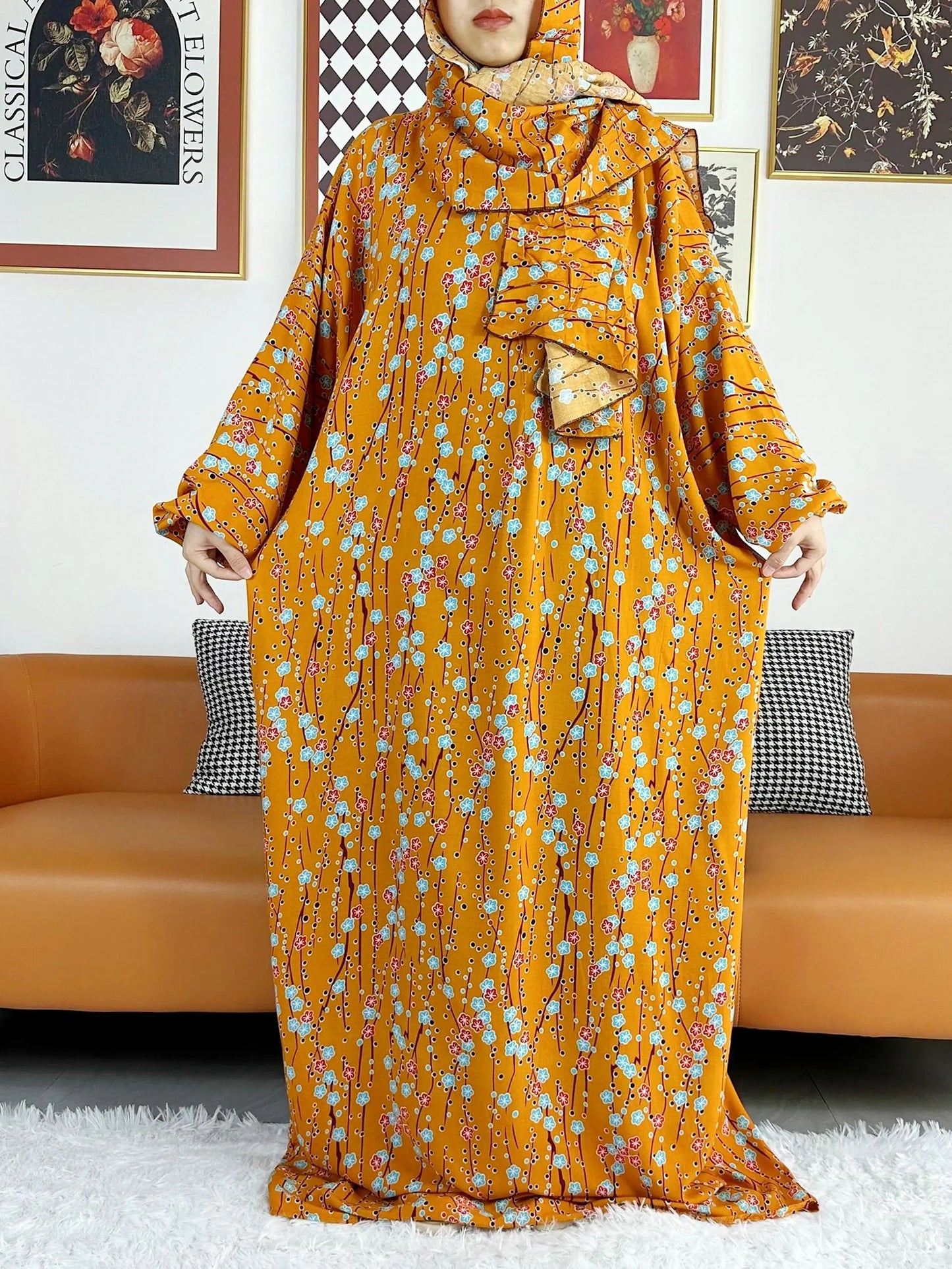 2025 Muslim Women Hooded Abaya Turkey-African Cotton Prayer Garment Kaftan With Hijab Floral Prints Dubai Saudi Robe In Ramadan