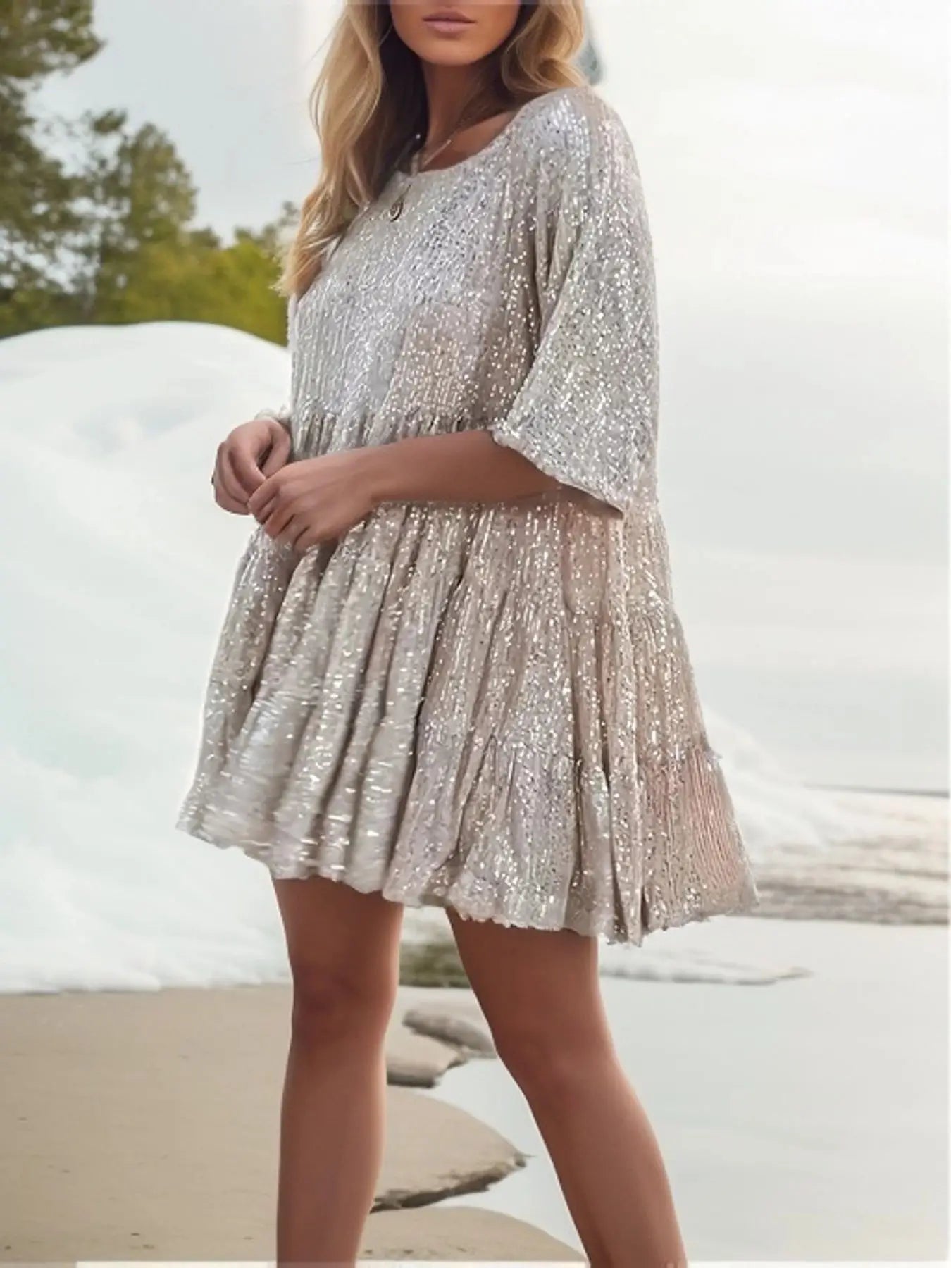 Fashion Casual Solid Sequin Dress for Women Elegant round Neck Half Sleeve Big Hem a Line Dresses 2024 Summer New Lady Party