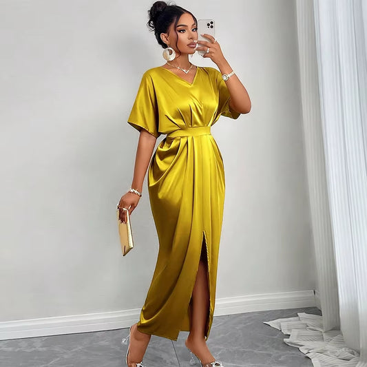 Chic 2025 Women's Satin V-Neck Midi Dress with Wrap Skirt and Slit - Perfect for Night Out